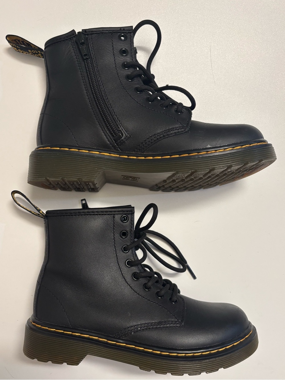 Dr. Martens Kids Black Leather Lace-Up Boots with Yellow Stitching